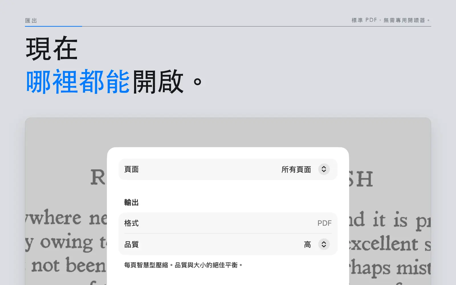 Mac 版 Niraqua DjVu 的 PDF 輸出面板，顯示頁面選擇與影像品質設定。